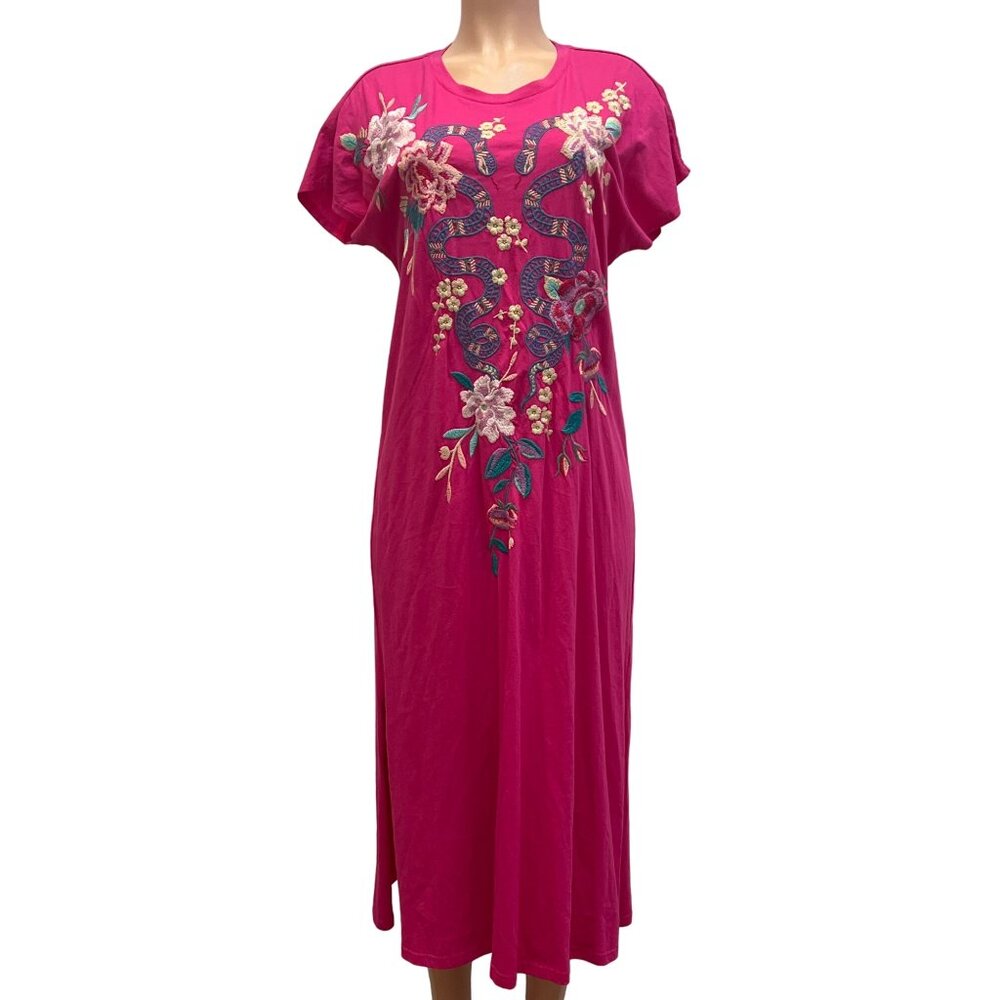 Johnny Was Fuchsia Floral Embroidered Midi Dress